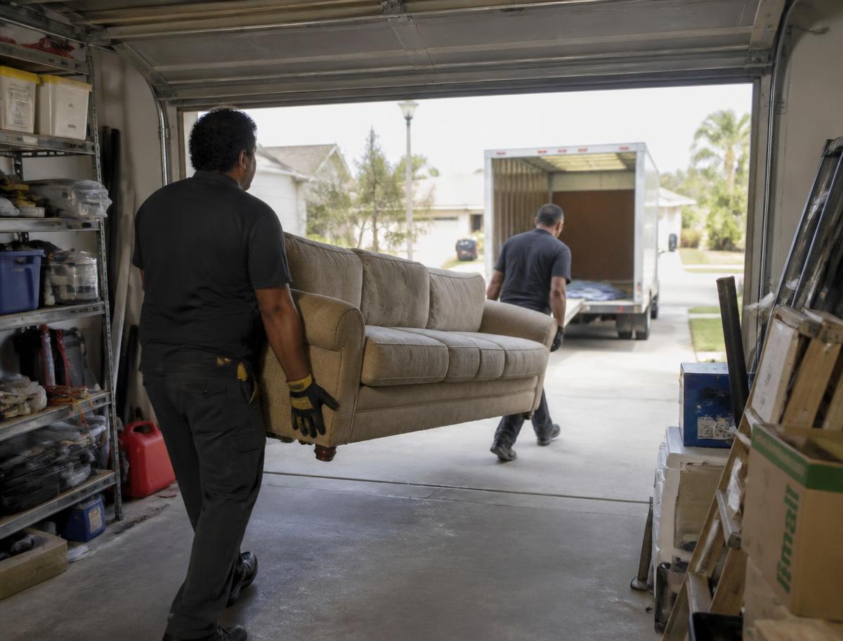 Crew carrying an old couch out of a garage